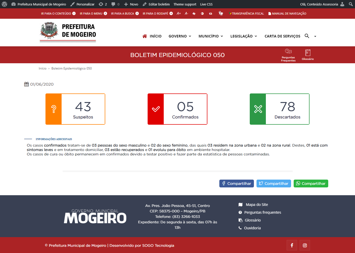Dos cinco casos confirmados de coronavírus em Mogeiro, três estão recuperados