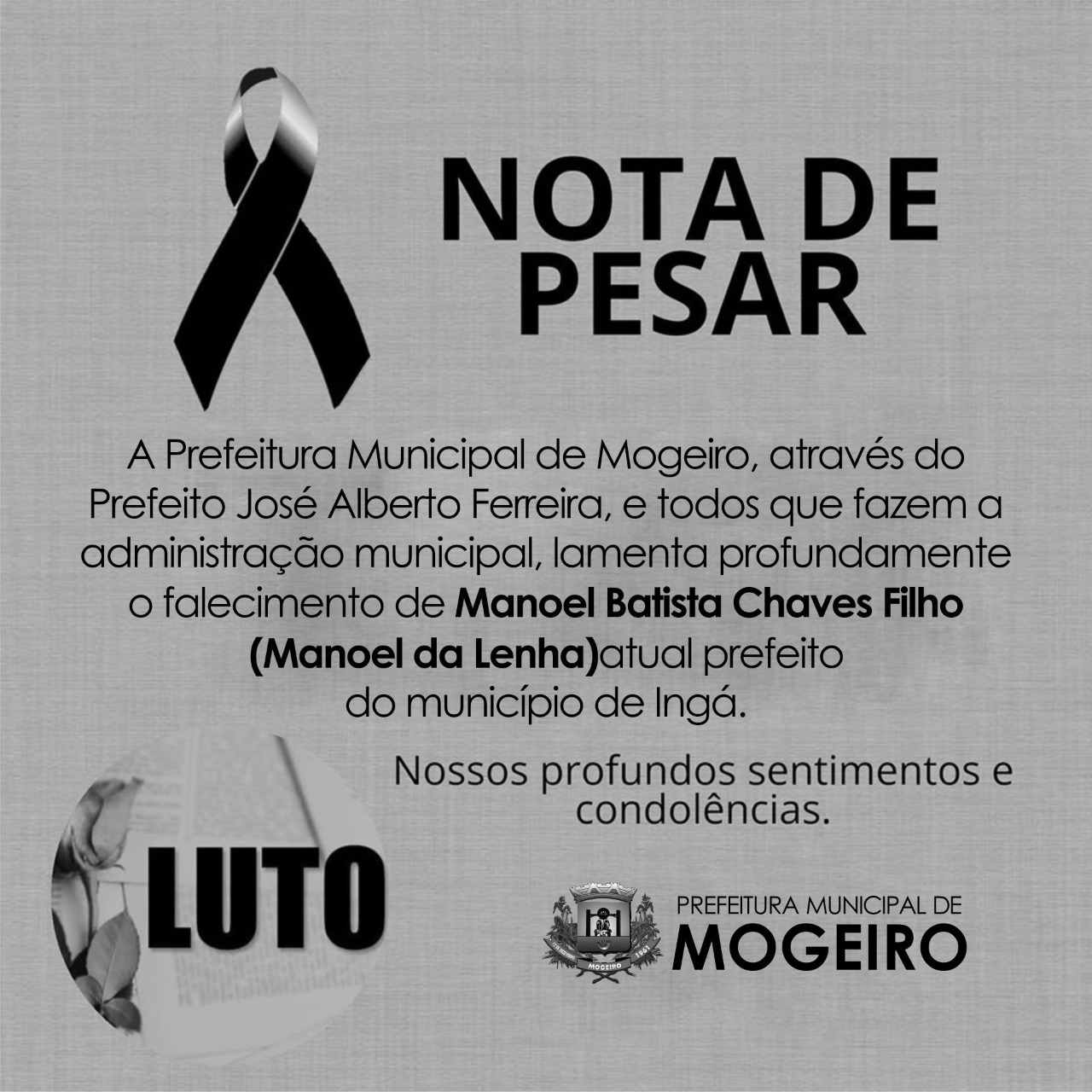 Prefeitura emite nota de pesar pelo falecimento de Manoel da Lenha, prefeito de Ingá