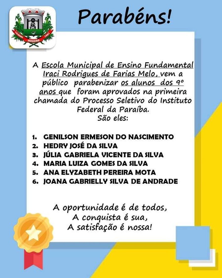 Alunos da Escola Iraci Rodrigues são aprovados em processo seletivo do IFPB